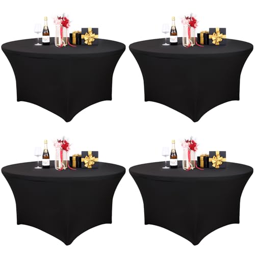 Image of Fixwal 4 Pack 60 Inch Round Tablecloth, Fitted Spandex Round Table Cloths - Washable Black Stretchable Table Cover, Elastic Fabric for Wedding, Party, Restaurant, Christmas, Thanksgiving