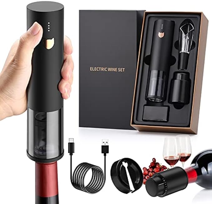 Wine Gifts-Electric Wine Opener-Automatic Wine Opener Rechargeable-Cordless Electric Corkscrew-Wine Bottle Opener with Foil Cutter, 2 in 1 Aerator Pourer, Vacuum Stopper, Gift Box
