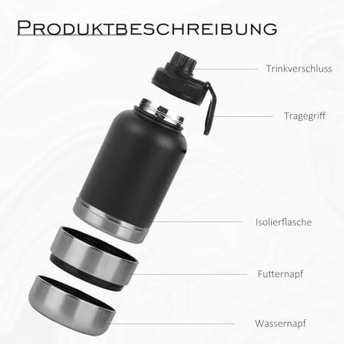 32oz 3 in 1 Hundetrinkflasche für unterwegs, 304 Edelstahl Trinkflasche Hunde für unterwegs mit Fressnapf & Wassernapf, Isolierflasche für Mensch und Hund, Perfekt für Outdoor, Wandern und Reisen