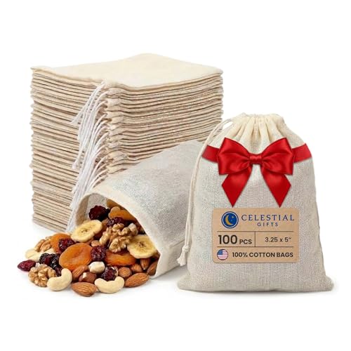 Celestial Gifts Cotton Muslin Bags | 3.25 x 5 Inches | 100 Count | Natural Hem & Yellow Drawstring | 100% Cotton Made in USA | Reusable Breathable Cotton Drawstring Bags for Gift Packaging and Storage