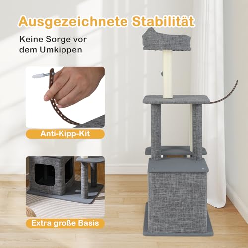 GOPLUS Kratzbaum klein, 117 cm Katzenbaum mit Springplattformen, Katzenbett, Kratzsäulen, Ball & Höhle, mehrstockiger Katzenkratzbaum, Aktivitätszentrum für Katzen, Grau – Bild 5