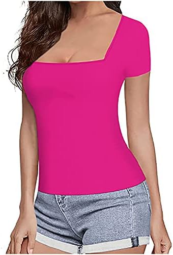 Awdenio Graphic Tees for Women Trendy, Easter Shirt for Men Fashion Women Summer Solid Short Sleeve Square Neck Top Blouse T-Shirt Hot Pink, M
