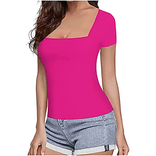 Awdenio Graphic Tees For Women Trendy, Easter Shirt For Men Fashion Women Summer Solid Short Sleeve Square Neck Top Blouse T-Shirt Hot Pink, M #TOP14