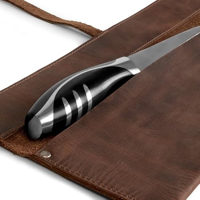 Leather Chef Knife Sheath, Single Case for Chef's Knives, Kitchen Small Storage Bag, Roll Bags for Travel, Professional Chefs Carrying Wrap Holder, Butcher Rolls Carrier (Bourbon Brown)