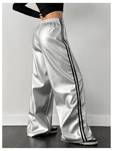 Women's Metallic Elastic Waist Sweatpants Side Stripe PU Leather Wide Leg Athletic Pants2