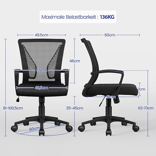 Yaheetech Bürostuhl Ergonomisch, Schreibtischstuhl mit Netzbespannung, Arbeitsstuhl mit Armlehnen, Chefsessel aus Mesh, höhenverstellbarer Computerstuhl 136 kg, atmungsaktiv, Wippfunktion Schwarz