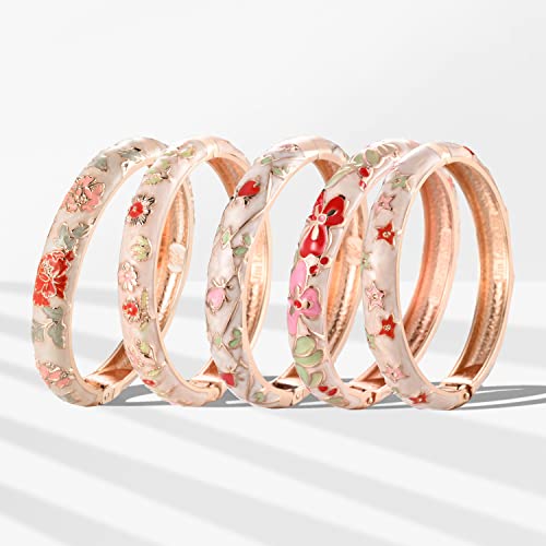 Ujoy Bangles 5 Pcs Enamel Jewelry Set Rose Gold Flower Engraved Cloisonne Bracelets Pack In A Box 5Pcs-Cwh #TOP2