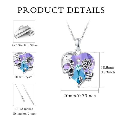 Image of S925 Sterling Silver Skull Pendant Necklace Heart Crystal Birthstone Skull Necklace Gothic Jewlery Gifts