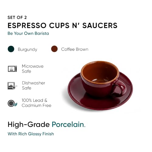 Image of Shay Ceramic Espresso Cup Set, Set of 2, 100ml, Burgundy | | Glossy Finish | Espresso Cup Ceramic | Espresso Cups Small | Microwave Safe (Espresso Set, Burgundy)