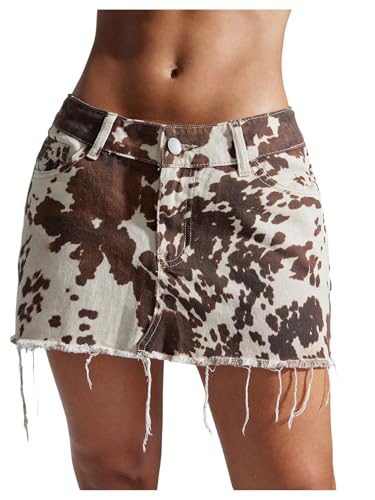 Floerns Women's Y2k Mini Denim Skirt Cow Print Low Waist Raw Hem Western Jean Skirt Brown and White Medium