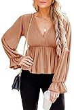 Deerose Womens Ruffle Blouse Babydoll Elegant Elastic Waist Waffle Knit Sexy V Neck Peplum Tunic Crop Top Coffee S