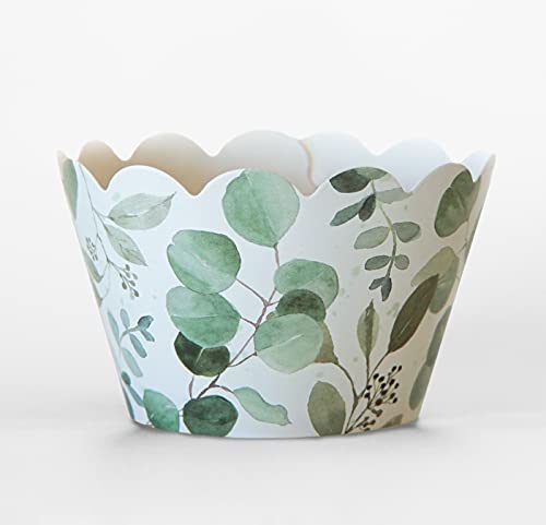 Image of 24 Floral Cupcake Wrappers (Eucalyptus Greenery)