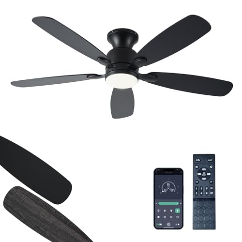 NKPU 52inch Black Ceiling Fans with Lights, Low Profile Ceiling Fan with Light and Remote/APP Control, Reversible DC Motor, Noiseless, Dimmable, Flush Mount Ceiling Fan for Bedroom Living Room Patios