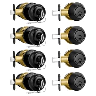 Plustool 4 Pack Front Door Lock Set,Matte Black Exterior Door Lock Set with Deadbolt,Single Cylinder Deadbolt Lock and Door Knob Set,Keyed Alike Door Knob with Lock&Keys,Round Ball Entry Door Lockset
