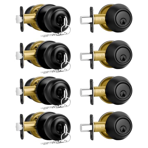 Plustool 4 Pack Front Door Lock Set,Matte Black Exterior Door Lock Set with Deadbolt,Single Cylinder Deadbolt Lock and Door Knob Set,Keyed Alike Door Knob with Lock&Keys,Round Ball Entry Door Lockset