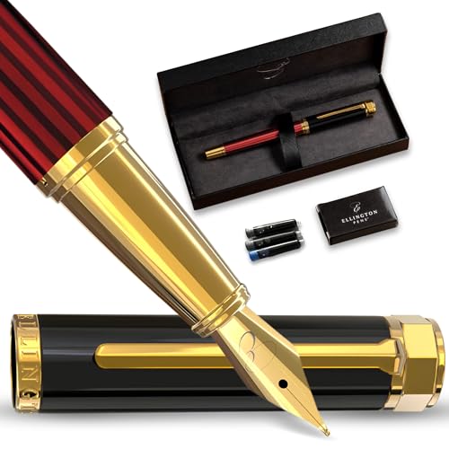Ellington Pens Luxury Fountain Pen Set - Smooth Medium Nib - Includes 3 Ink Cartridges, Refillable Ink Converter, Gift Box-Fountain Pens For Writing, Calligraphy, Journaling, Sketching (Crimson Blend)