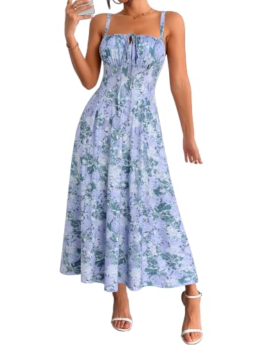 YATHON Bridal Shower Dresses for Guest Corset Casual Spaghetti Strap Midi Cottagecore Floral Bustier Sun Dress (YT552-Blue White F 10,L)