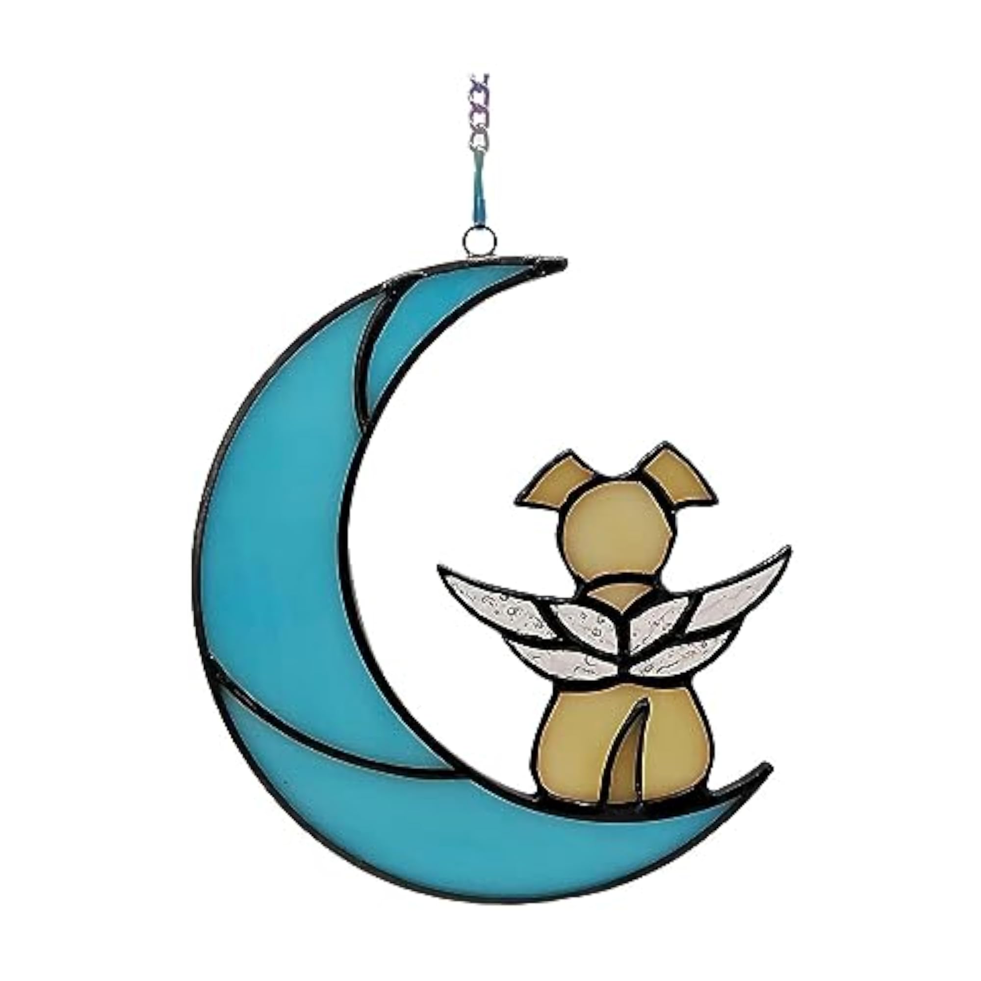 Stained Glass Dog on the Moon Window Hanging Ornament