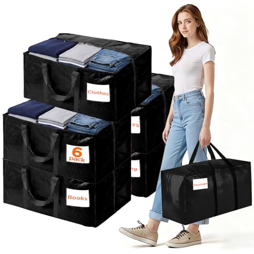 BETU 6 Pack Moving Bags Moving Storage College Dorm Camping Packing Travel PE Heavy Duty, Sturdy Handle, Zipper Large Storage Tote Bag Moving Boxes Box Alternative - Black 29L x 14W x 13H