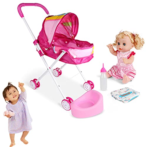 Baby Doll Pram, Doll Pushchairs, 1Set Baby Doll Stroller With Baby Girl Doll & Doll Playset, Cartoon Printing Foldable Doll Pram For 2+ Years Old Kids (Rainbow), Baby Doll Stroller #TOP1