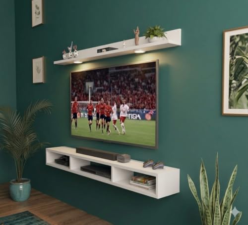Image of Bros Moon Wall Mounted TV Cabinet, Frosty White, Modern Style, Laminated Finish, for Living Room, Suits TV up to 42 Inches (Frosty White, Parallel Rooftop, 32 Inches with Light)