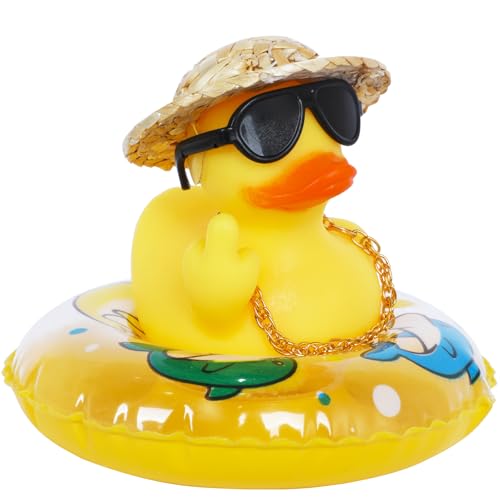 Yellow Rubber Duck Car Dashboard Decoration with Hat, Sunglasses, Necklace & Swim Ring - Fun Rubber Duck Accessories for Summer Car Decor and Unique Gifts by AOT - Used condition - US$7.19