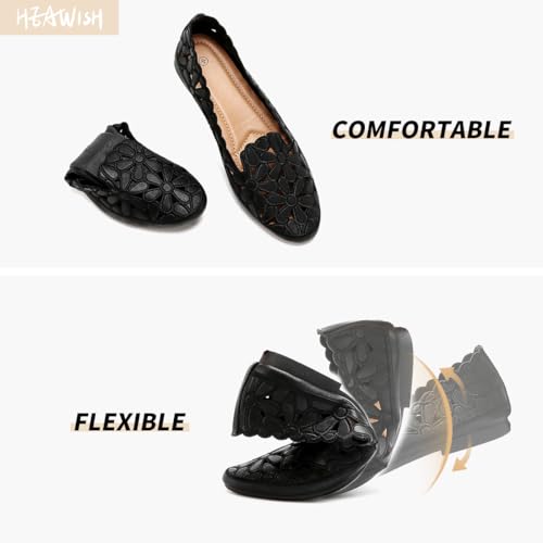 HEAWISH Women's Floral Ballet Flats for Women Black Beige Slip On Flowers PU Leather Round Toe Dress Shoes3