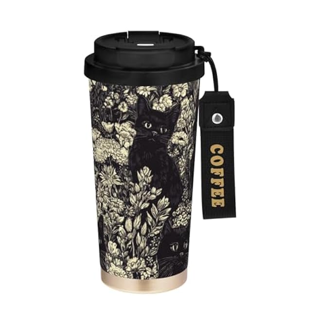 17 oz Insulated Coffee Mug Cat Flower with Straw and Leak Proof Lid Double Wall Water Bottle Stainless Steel Vacuum Thermal Travel Drinking Cup for Hot/Cold Drink