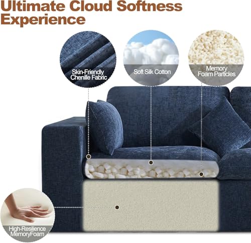 Image of 115''Cloud Boneless Sectional Couch, Modular Sectional Sofa Deep Seat with Ottoman, Oversized Upholstered Convertible Comfy 4 Seater Chenille Sofa L Shape Couches for Living Room, Navy