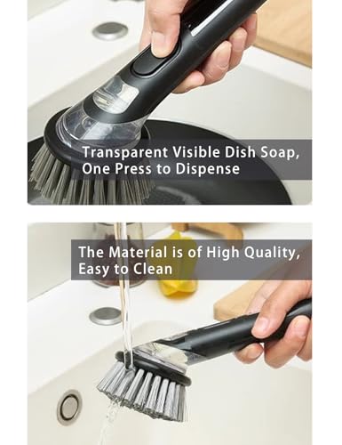 Image of Kitchen Cleaning Brush with Soap Dispenser Handle - Multifunctional Brush Head Replacemen for Pans, Pots, Kitchen Sink, 4 in 1 Household Cleaning Tool for Home and Apartment Must Haves