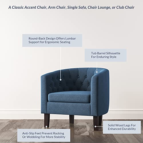 Image of BELLEZE Accent Barrel Arm Chair, Modern Comfy Upholstered Tufted Club Chair with Sturdy Legs and Linen Fabric for Bedroom Living Room - Navy Blue