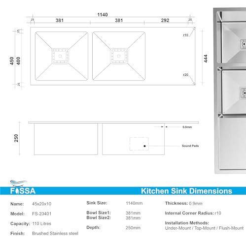 Image of Fossa 45 inchx20 inchx10 inch Inch Double Bowl With Drain Board Premium Stainless Steel Handmade Kitchen Sink (Matte Finish) Silver