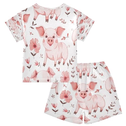 Pink Flower Pig Summer Pajamas Set Short Cotton Sleepwear 2 Piece2