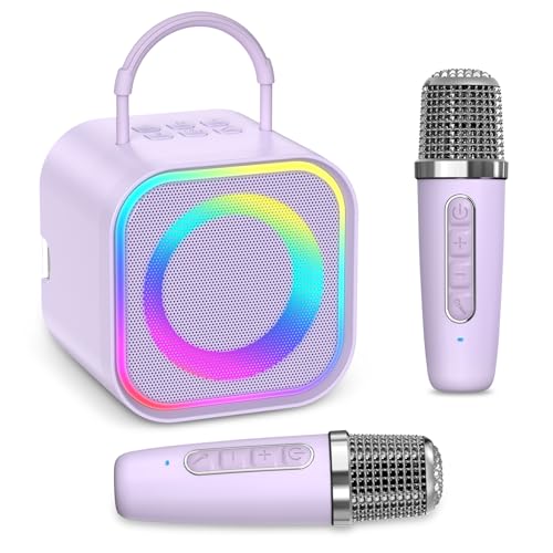 LOFICOPER Karaoke Maschine Kinder mit 2 Mikrofones, Tragbaren Bluetooth Lautsprecher mit 5 Farbige Lichter, 5 Stimmeneffekten, Mini Karaoke Anlage für Mädchen Jungen