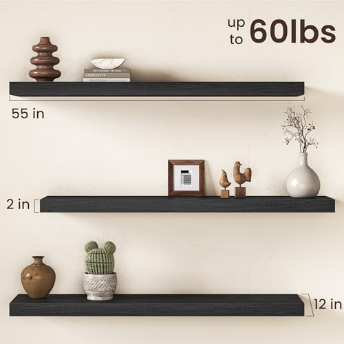 Image of Black Floating Shelves 55Inch Long, 12 Inch Deep Floating Shelves for Wall, 55 x 12 Large Floating Shelf for Fireplace Mantel, 2 inch Thicked Rustic Wall Shelves for Living Room, Bedroom Storage, 2 Packs