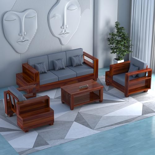 Image of Sheesham Wooden 5 Seater Sofa for Living Room | Solid Wood Sofa with Side Box Storage & Cushion | Rosewood Sofa Set for Home & Office | Lounge (Honey, 5 Seater)