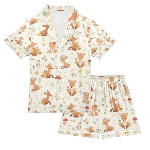 senya Deer Fox Leave Cute Satin Summer Pajama Sets Silk Short Sleeve Button Down Sleepwear