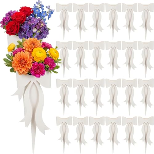 Lerheedi 24 Pcs Flower Bouquet Holder Mother's Day Single Rose Bow Theme Bags DIY Flower Wrapping Paper for Wedding Valentine Graduation Birthday Floral Arrangement(White) by Lerheedi - Used condition - US$16.49