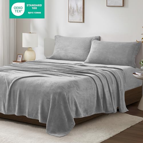 Image of True North by Sleep Philosophy Plush Sheet Set Full, Solid Color, Warm & Soft Bedding Full Size Sheets, Fitted Pocket Fits Up to 16 inch Mattress, Soloft, Full, Grey, 4 Piece