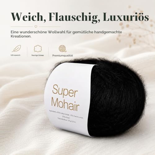 Genthread Mohair-Seide-Garn Schwarz – 260 m flauschiges Strickgarn für leichte Projekte – Bild 4