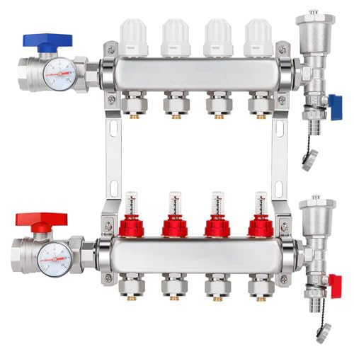 YUFUYEK 4-Branch PEX/Radiant Heat Manifold ，1/2" PEX Tubing Manifold,304 Stainless Steel Floor Heat Manifold Kit with 1/2" Adapters Included for Hydronic Radiant Floor Heating (4-LOOP)