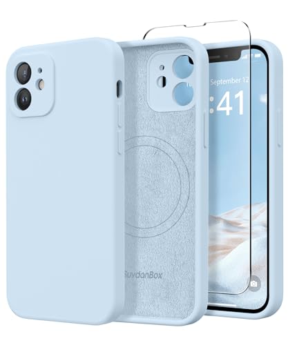 Image of Magnetic for iPhone 12 Case, Compatible with MagSafe, [Full Camera Protection][Screen Protector] Silicone Shockproof Protective Phone Case for iPhone 12 6.1 inch, Light Blue