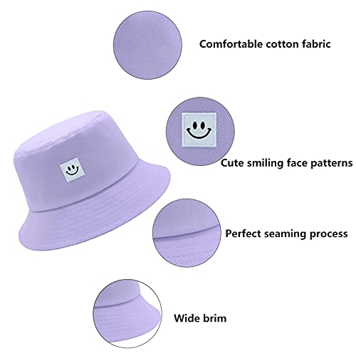 Kids Sun Hat Smile Face Bucket Hat For Girls Boys Summer Sun Protection Cotton Unisex Beach Cap(Purple) #TOP2