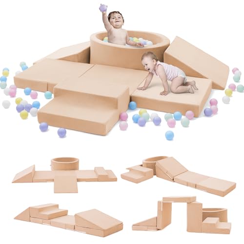 Image of Elftopia Foam Climbing Blocks with Ball Pit & Stairs for Toddlers Aged 1-3 -Soft Playset for Indoor Crawling, Foam Playground Set for Baby to Active Playing Inside -(Balls NOT Included),Beige