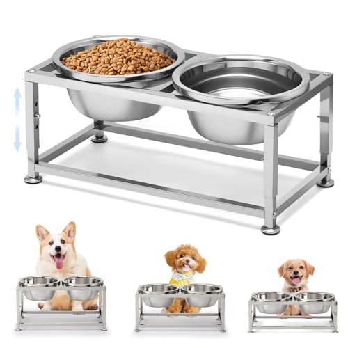 49OZ Full Metal Raised Dog Bowls for Small Dogs - 3 Height Adjustable (6.3\'\', 7\", 7.7\") Food Water Bowl, Stainless Steel Elevated Dog Bowl Feeder Station for Relief Joint Pressure