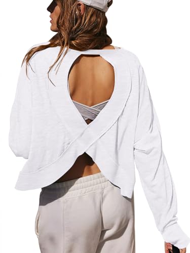 LASLULU Womens Open Back Long Sleeve Workout Tops Athletic Shirts Boat Neck Casual Running Tee Y2k Yoga Gym Tops