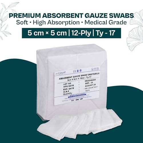 Image of LIFEMED Non-Sterile Gauze Swabs 5 x 5 cm, 12 Ply Cotton Medical Gauze Pads for Wound Dressing, Medical Use & First Aid (Pack of 100 Swabs)