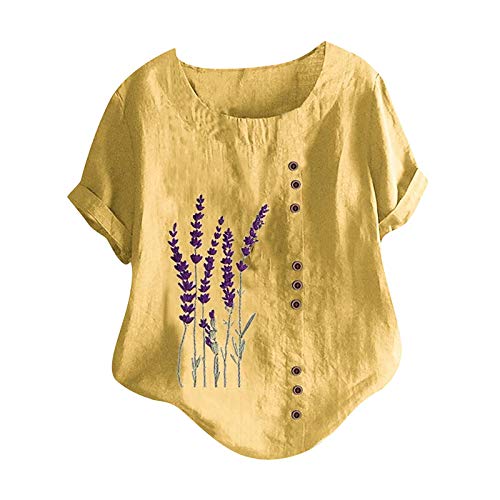 Parte superior festiva para mujer con purpurina de lino suelto ocasional flores de lavanda para mujer de algodón vintage suéter mujer, amarillo, S
