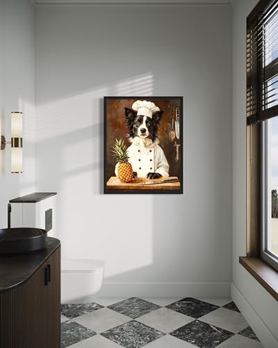 Image of aj decor Border Collie Chef Kitchen Wall Art Print Poster, Dog Pet Lover Picture Painting Artwork Bedroom Living Room Office Dining Room 150D (Border Collie Chef Kitchen, 16 x 20 inches, Black Frame)