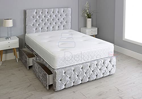 Crushed Velvet Chesterfield Divan Bed Set with Memory Sprung Mattress and Matching Footboard (Grey, 2FT6-0 Drawers)